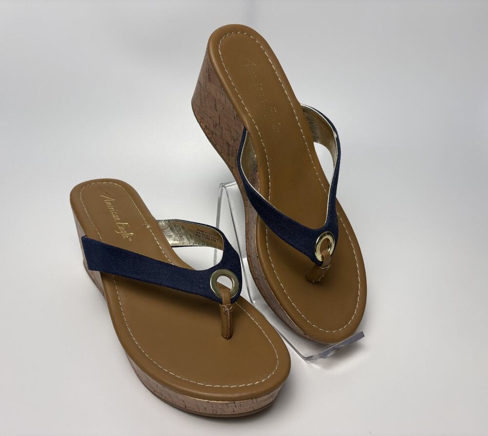 American Eagle Sandals Womens Size 8 Denim Wedge Sandals Cork.